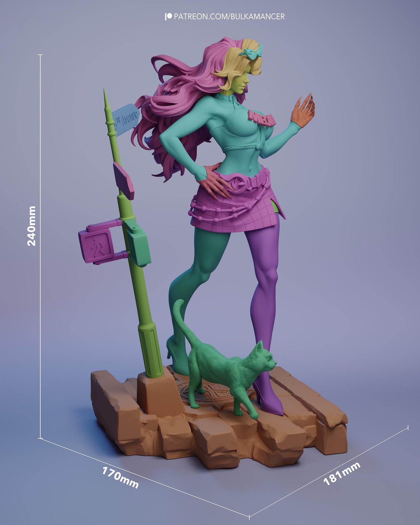 Hand Painted Feline Heroine Resin Statue – 1/8 and 1/6 Scale – White Haired Figure with Cat Companion and Urban Base