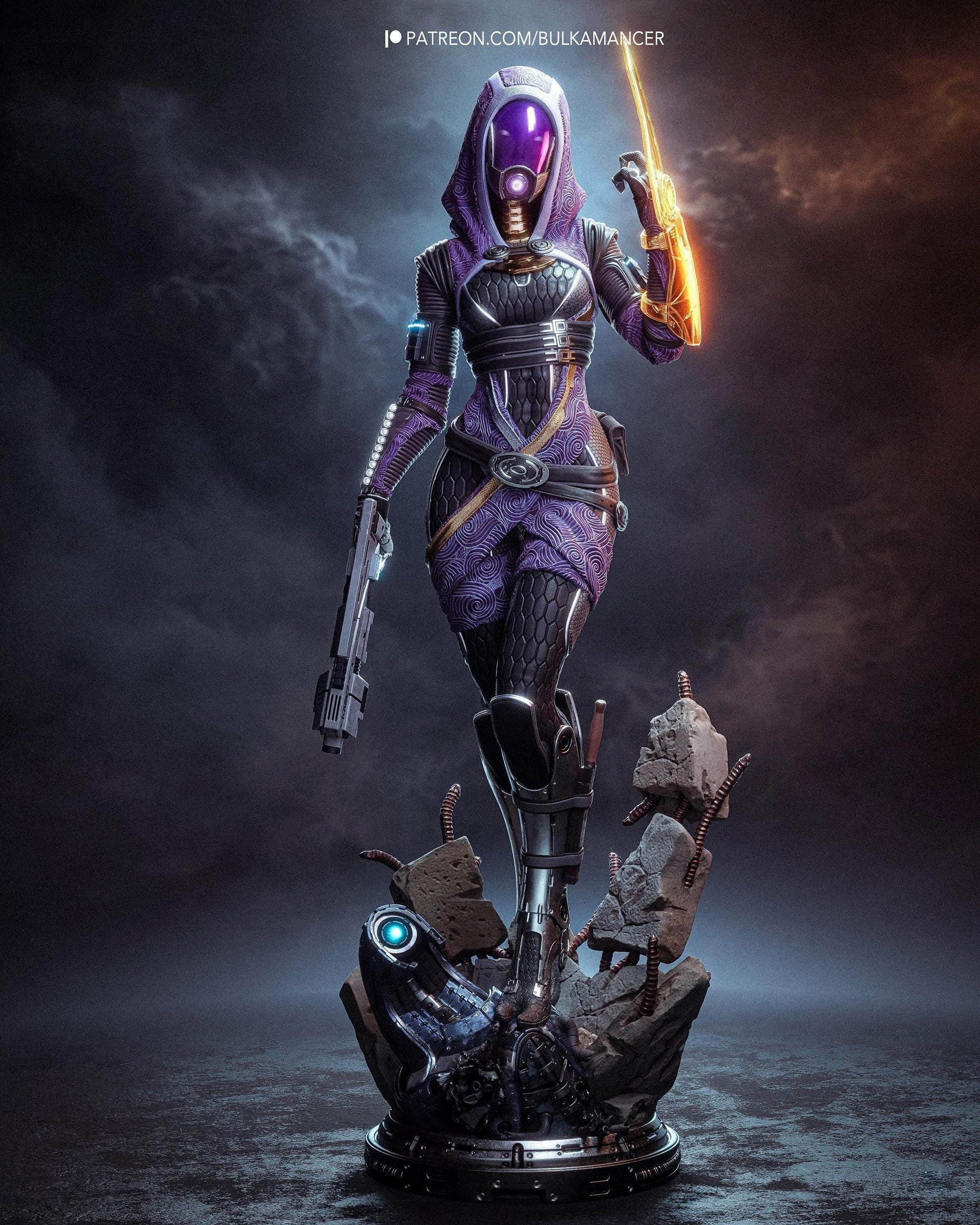 Handpainted sci-fi resin figure of a hooded alien woman with glowing visor and energy blade weapon