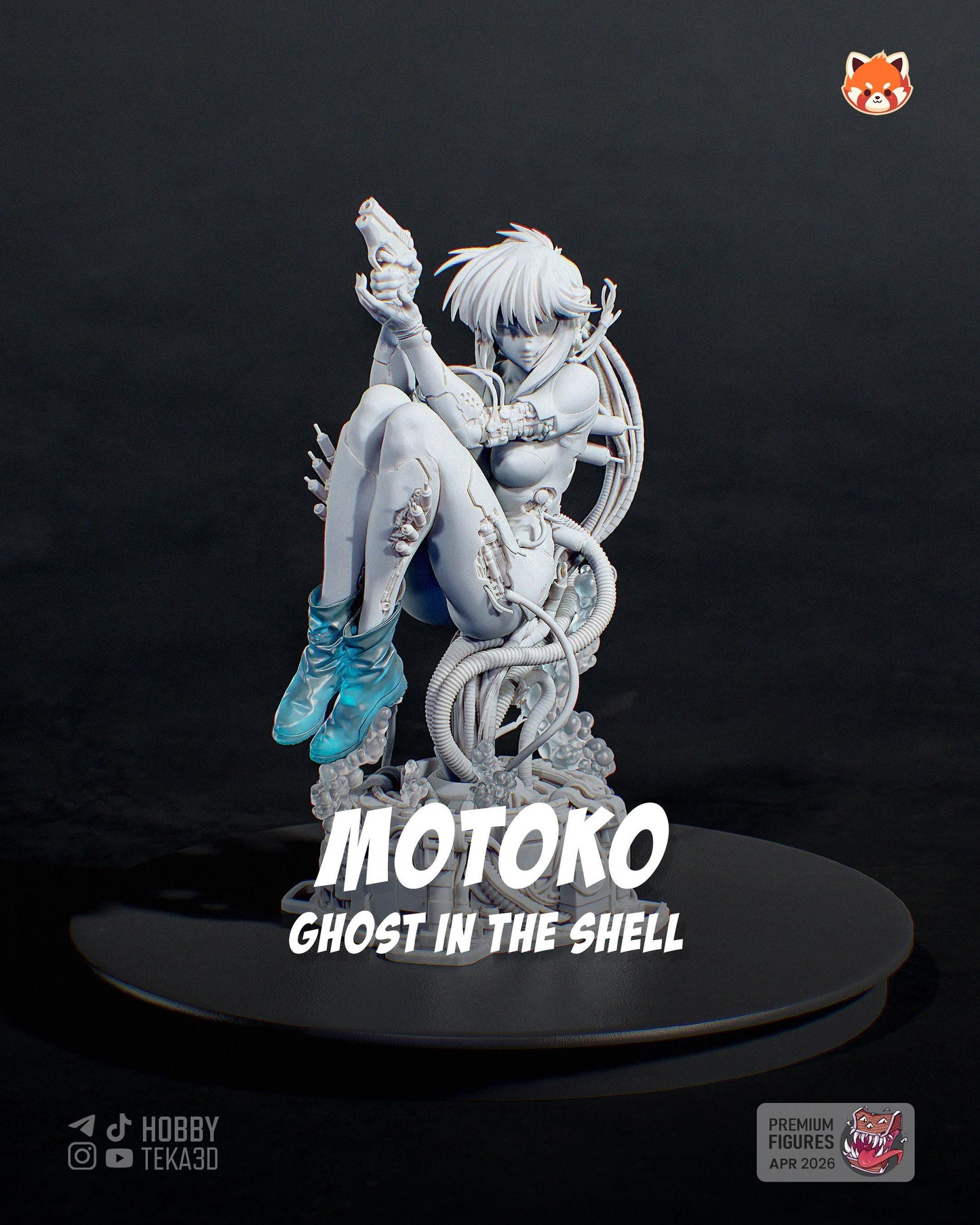 Unpainted Ghost in the Shell resin figure of Motoko with cybernetic cables floating above a sci-fi base