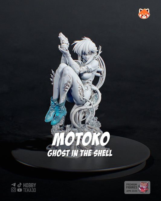 Unpainted Ghost in the Shell resin figure of Motoko with cybernetic cables floating above a sci-fi base
