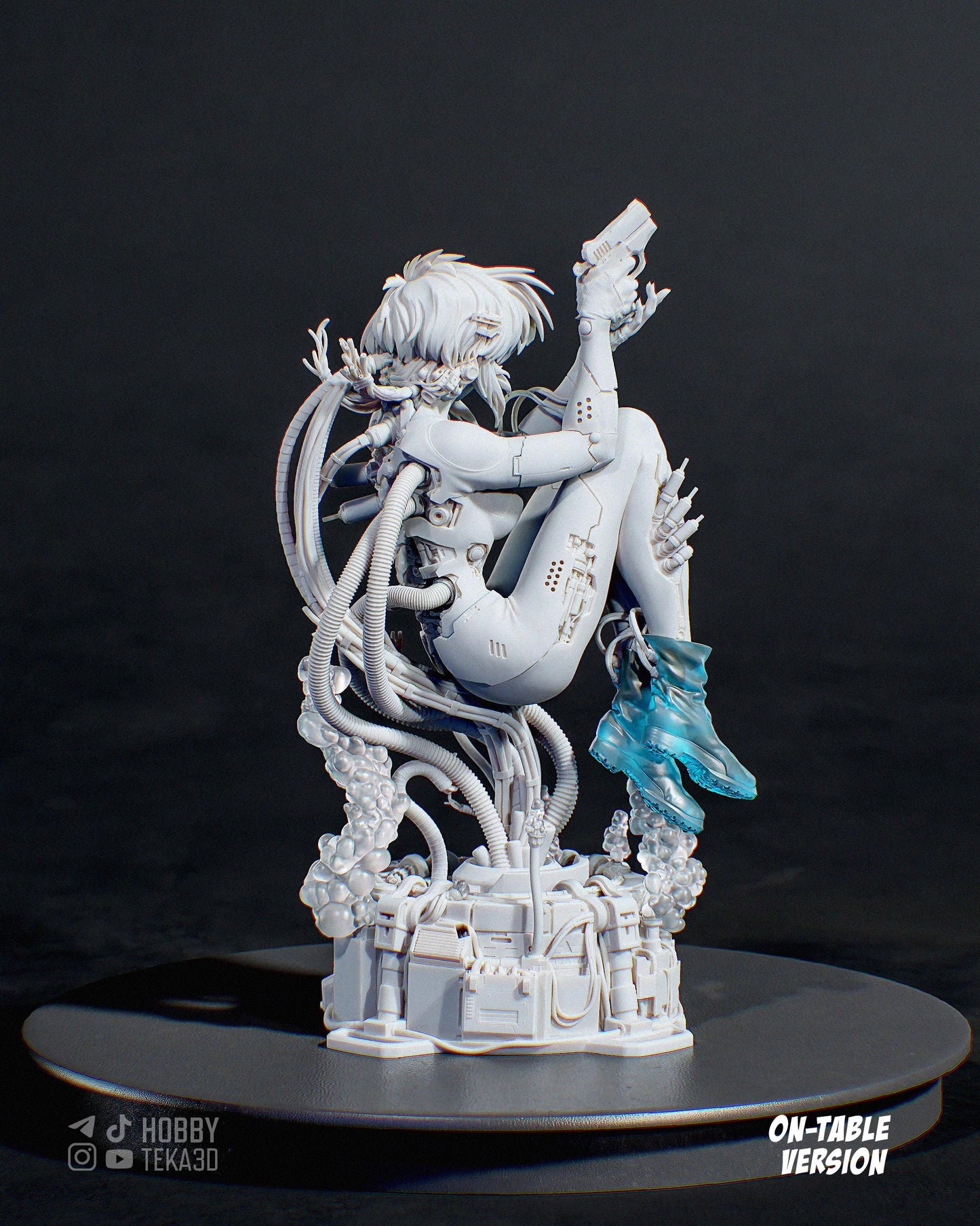 Rear view of an unpainted cyberpunk anime resin figure with mechanical cables and translucent blue boots
