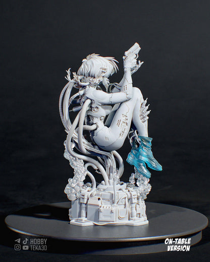 Rear view of an unpainted cyberpunk anime resin figure with mechanical cables and translucent blue boots