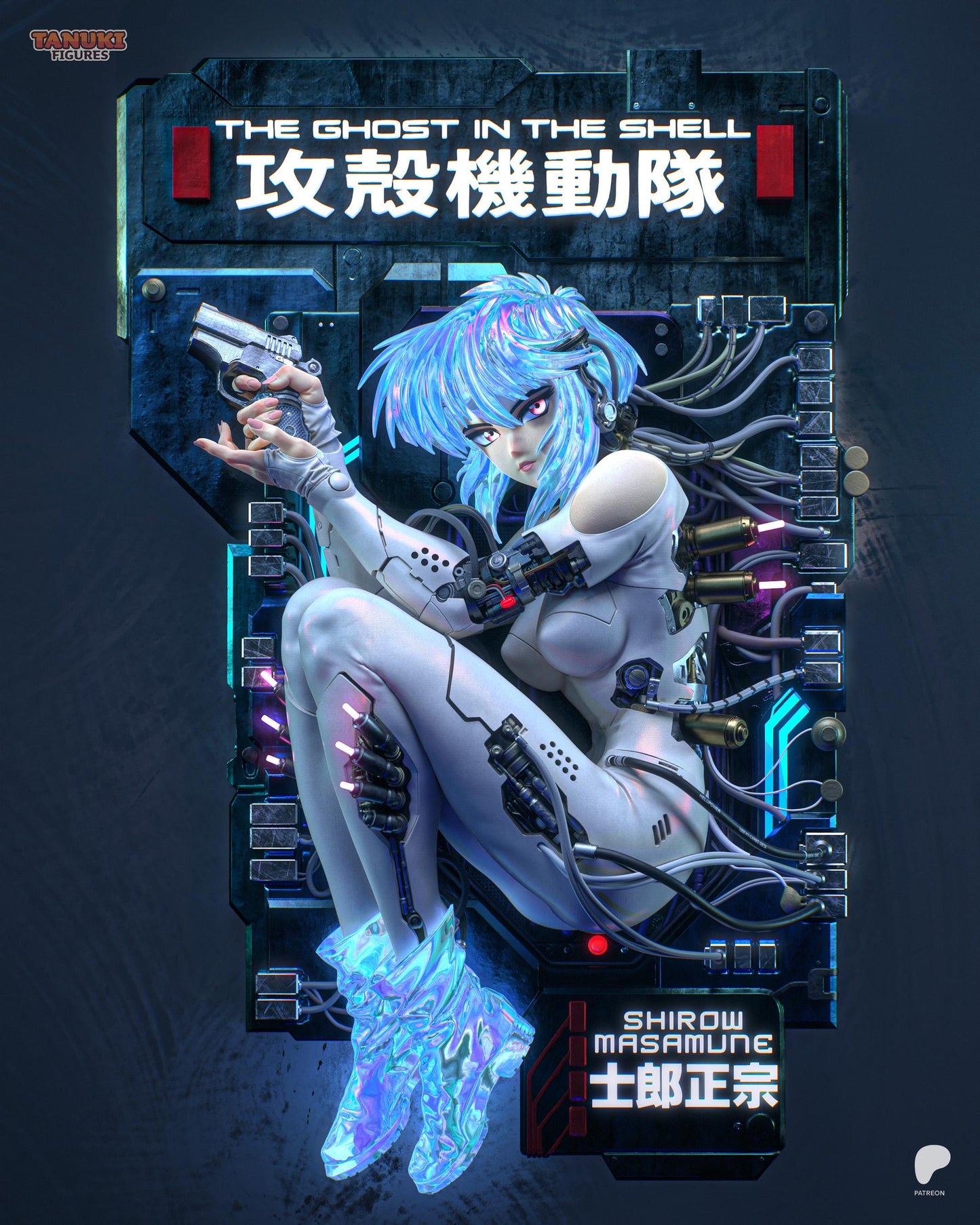 Handpainted Ghost in the Shell anime resin figure mounted on futuristic wall display with neon lighting