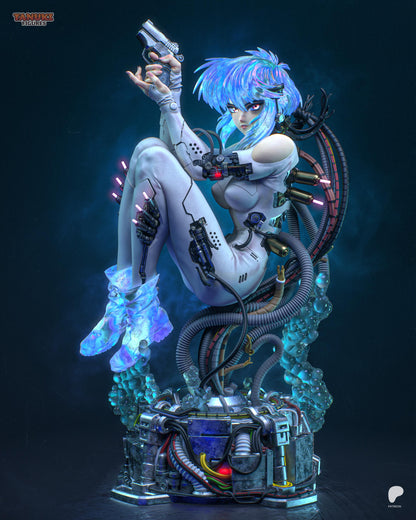 Handpainted cyberpunk anime resin figure with glowing blue hair pistol and mechanical cables on sci-fi base