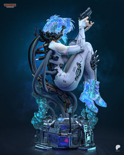 Rear view of a handpainted cyberpunk anime resin figure with exposed cables and glowing translucent boots