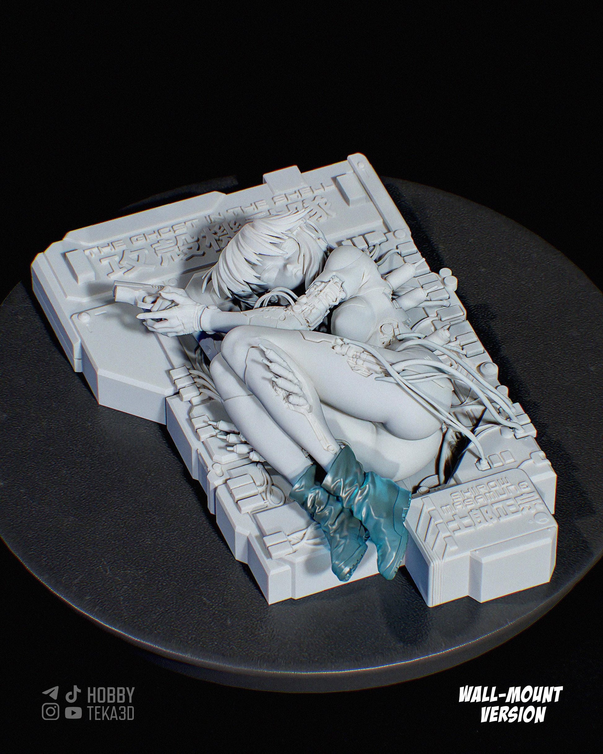 Unpainted Ghost in the Shell wall-mounted resin figure with curled pose and futuristic panel base