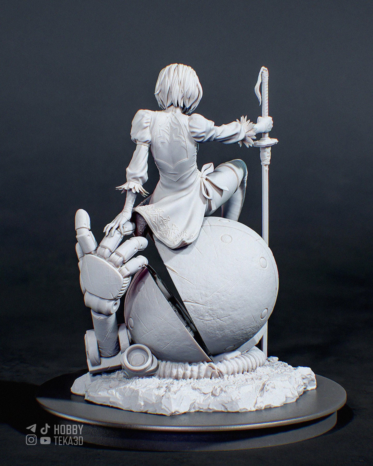 Rear view of an unpainted sci-fi resin figure seated on a damaged robot sphere with sword