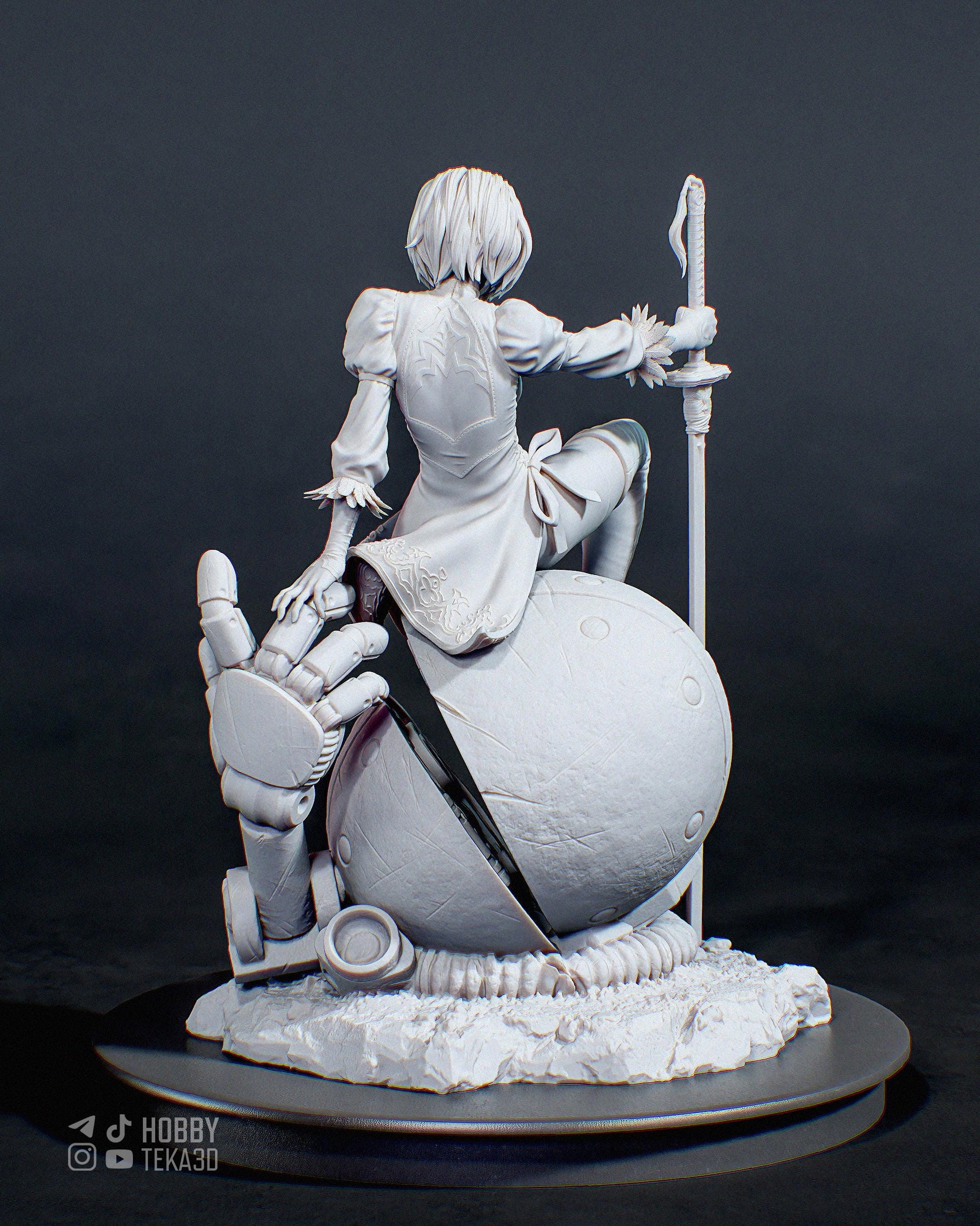 Rear view of an unpainted sci-fi resin figure seated on a damaged robot sphere with sword