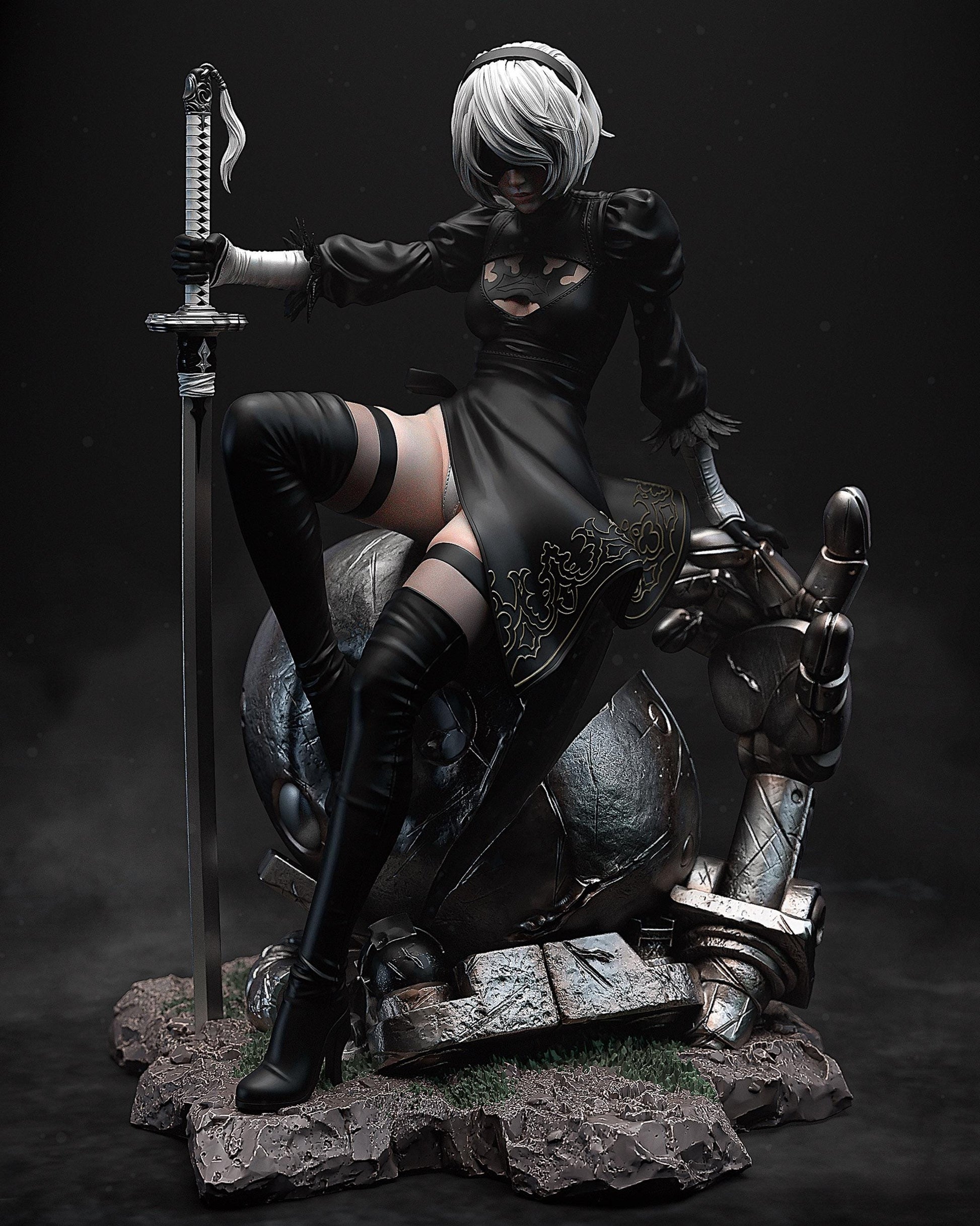 Handpainted NieR Automata resin figure of a blindfolded android woman with sword and broken robot base