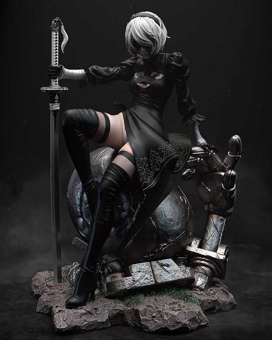 Handpainted NieR Automata resin figure of a blindfolded android woman with sword and broken robot base