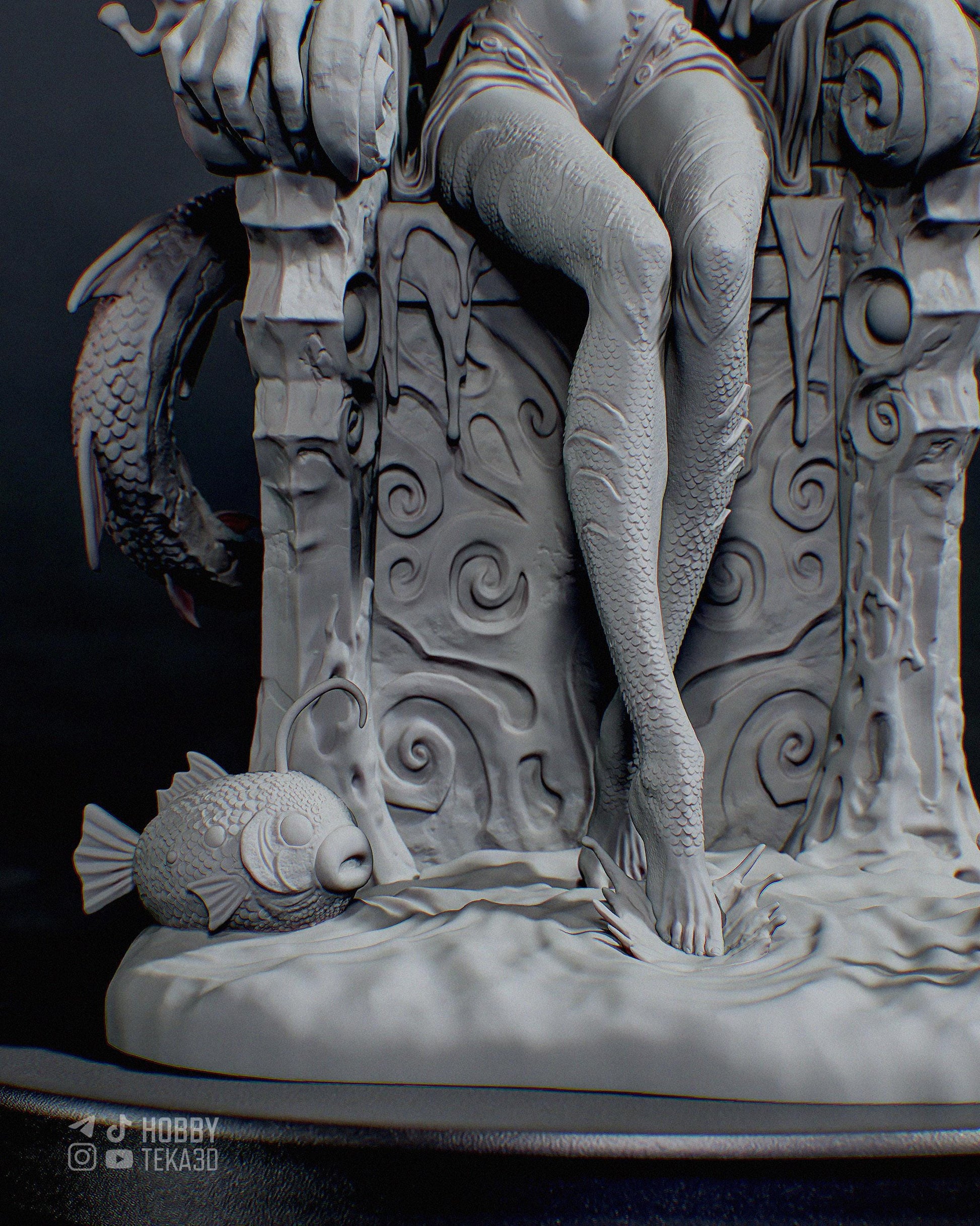 Detailed unpainted resin figure base with scaled legs fish creature and underwater themed throne textures