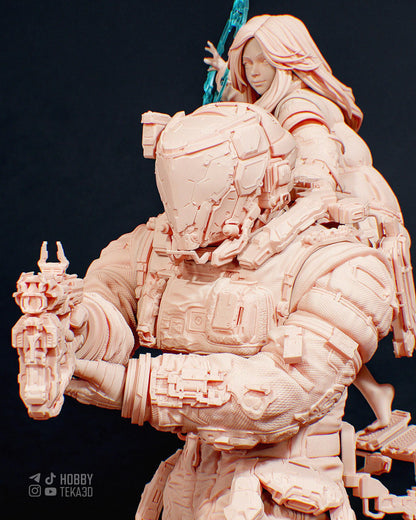 Hugh and Diana - Father and Daughter - Unpainted Resin Figure, Action Figure, inspired by Pragmata