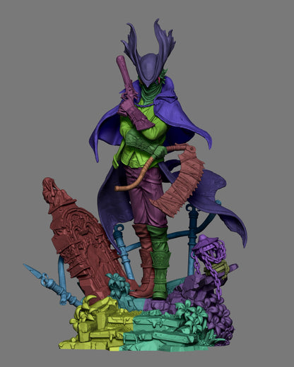 Colored 3D model render of a fantasy hunter figure with antlered hat rifle and ruined gothic base