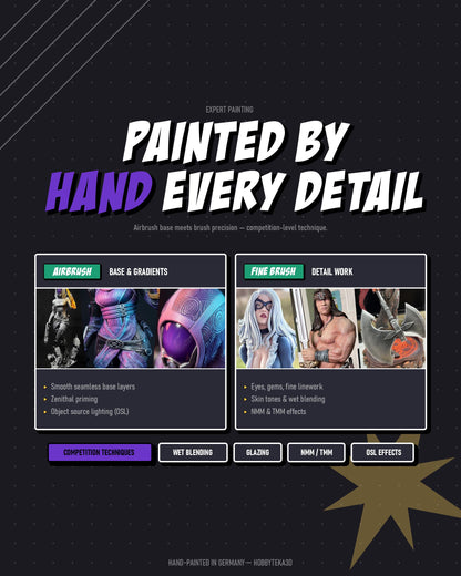 Hand-painted figure infographic showing airbrush gradients fine brush detailing and competition painting techniques