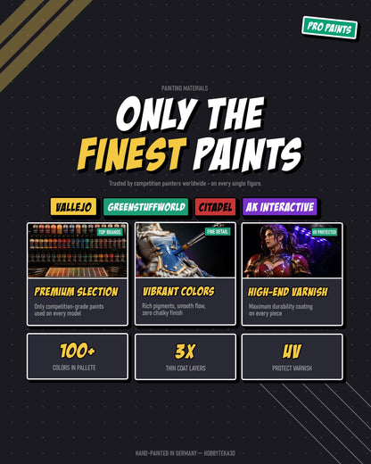 Painting materials infographic featuring Vallejo Citadel AK Interactive and Green Stuff World hobby paints