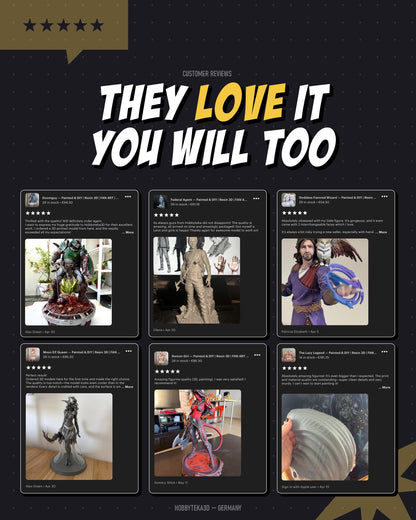 Customer review infographic with photos and testimonials for painted and unpainted resin collectible figures